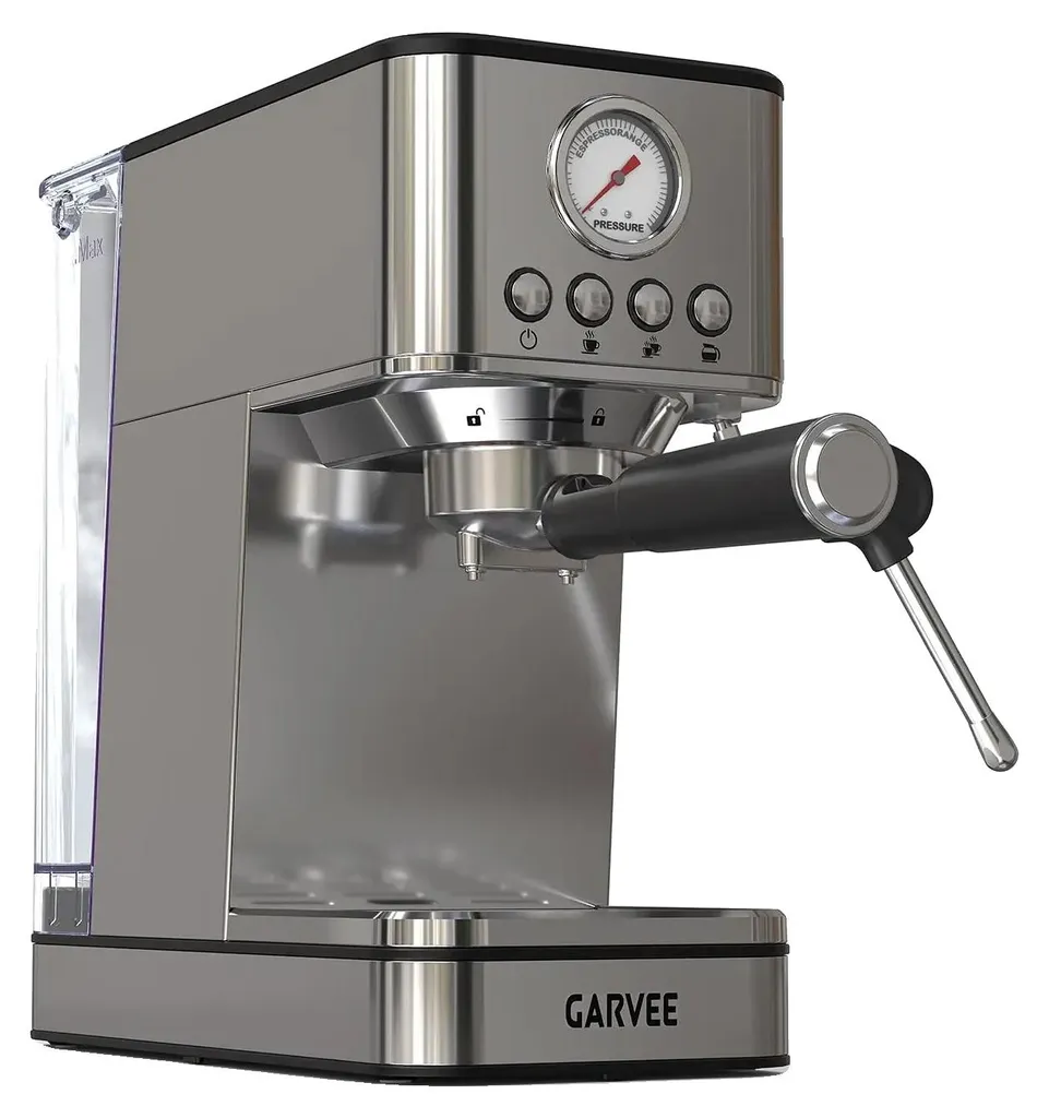 Cafetière expresso argent design compact, buse vapeur, idéale studio