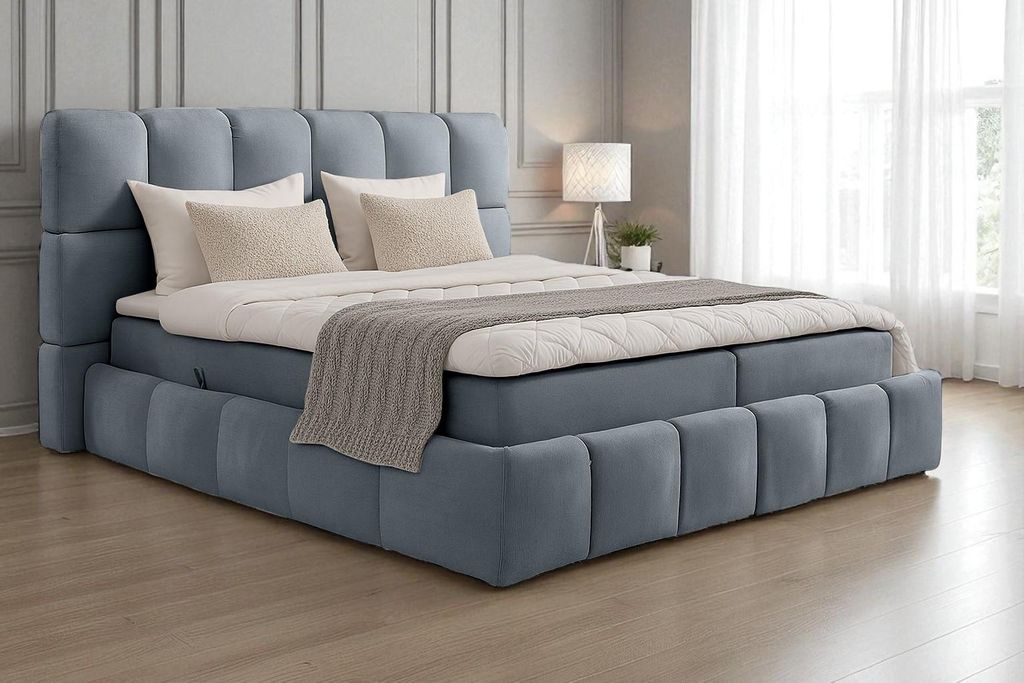 KSHOMECONCEPT Boxspringbetten AURA mit Taschen Matratze H4 und Topper, Zwei Bettkasten 160x200 cm, Dunkelgrau