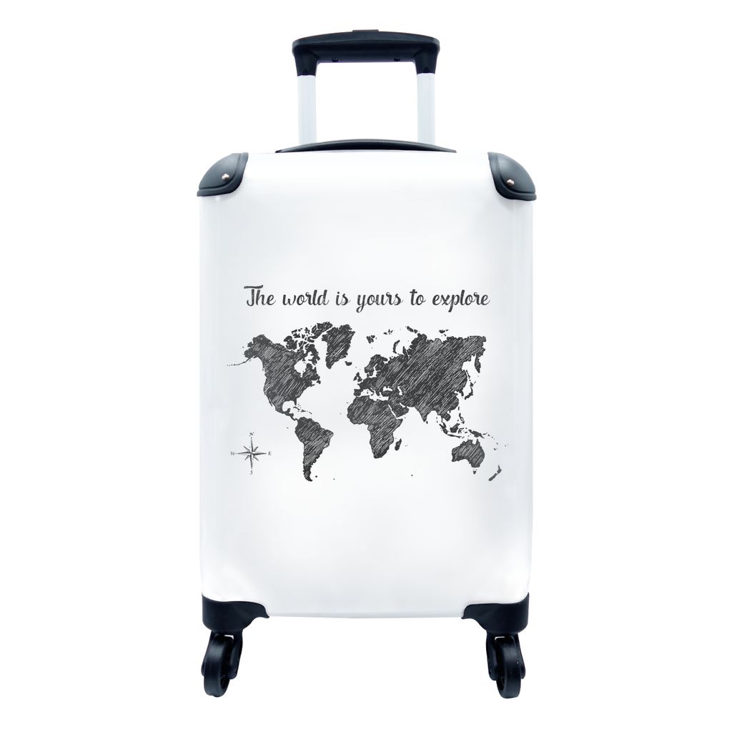 MuchoWow Koffer Handgepäck Trolley Rollkoffer Kleine Reisekoffer mit 4 Rollen - Weltkarte - Zitate - Schwarz - Cabin Size < 55x40x23 cm & 55x40x...