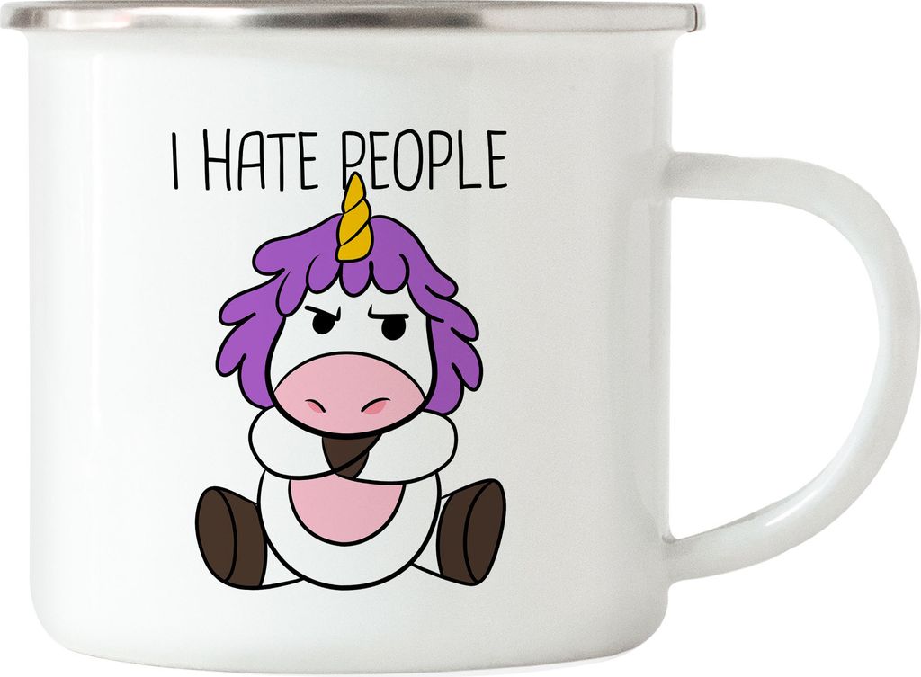 I Hate People Emaille Tasse Lustig Einhorn unhöflich Spruch Geschenk Kollege Kollegin Büro-Tasse