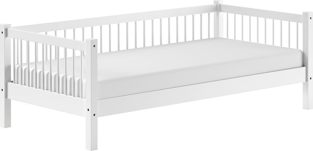 Einzelbett >Buche Massiv< Rollrost, 90x200cm, Buche massiv weiß lackiert - 207,5x68x97,5 (BxHxT)