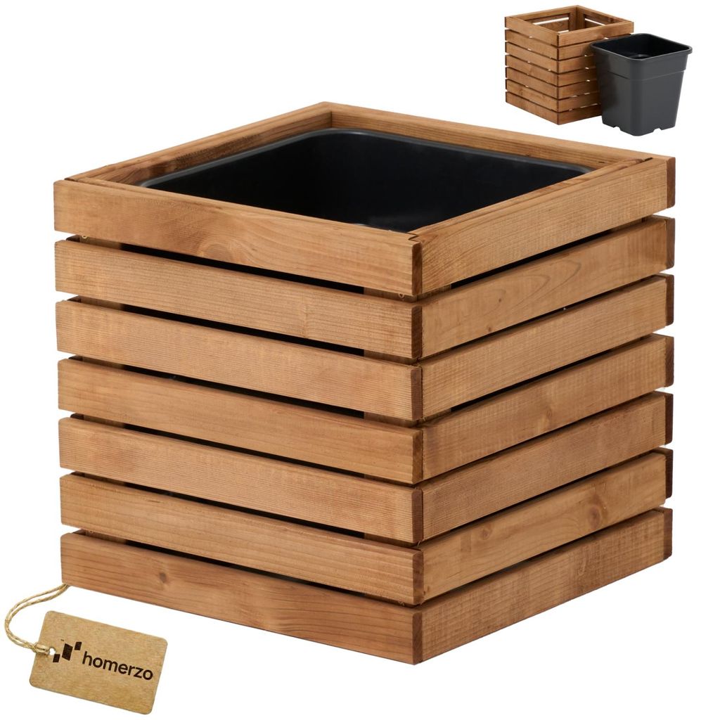 Blumenkasten für außen Pflanzen-Übertopf aus Holz mit Kunststoff-Pflanzeneinsatz 18 l Blumentopf eckig für Balkon oder Terrasse