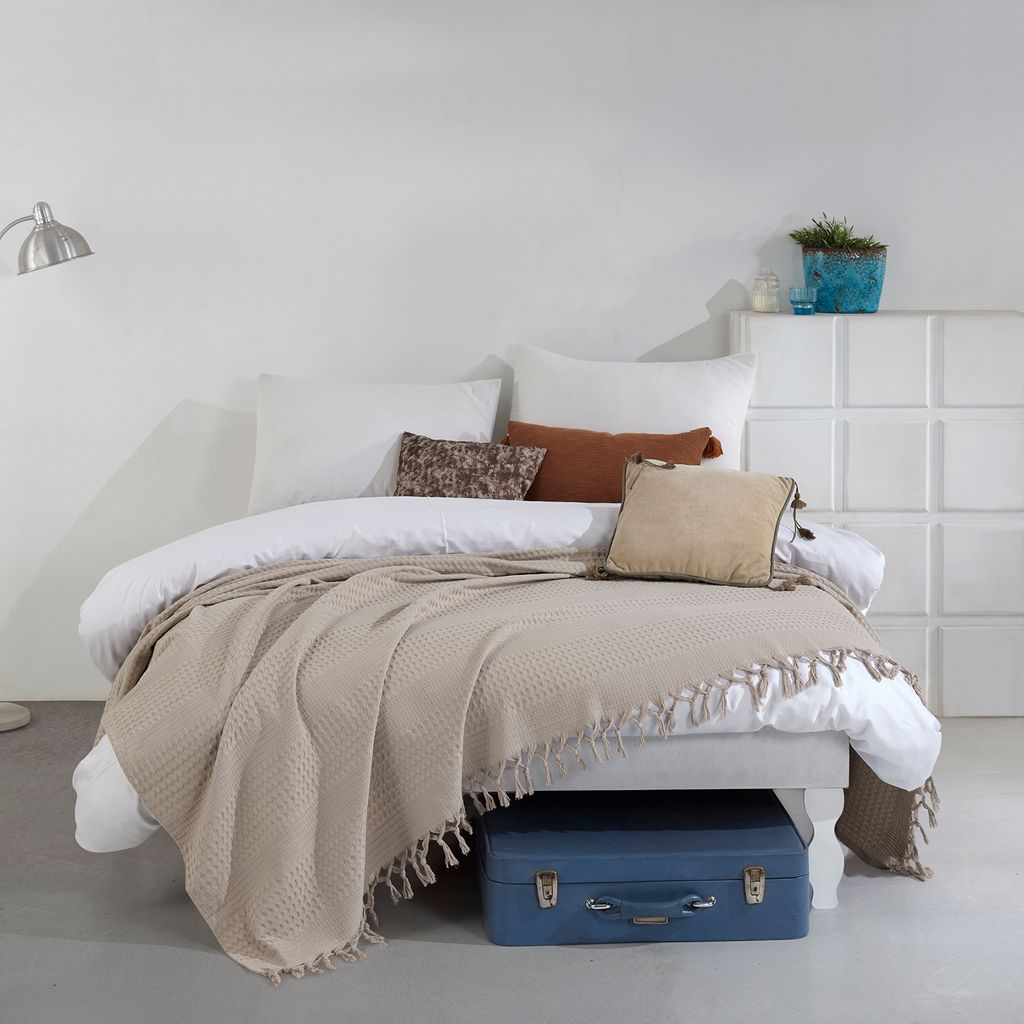 Tagesdecke Bettüberwurf 180x220 cm natur beige Bettdecke Sofa Überwurf Baumwolle 