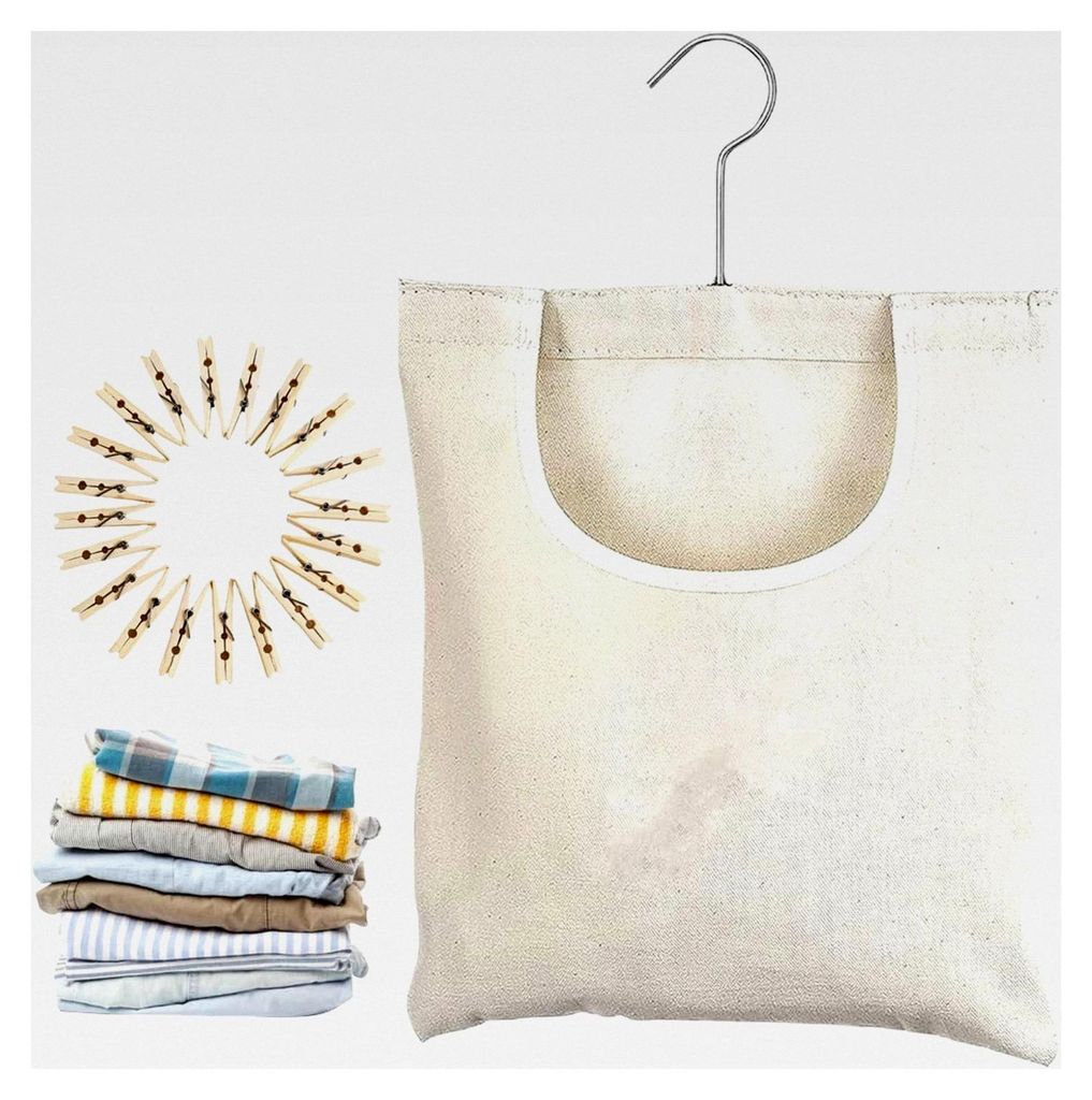 Wäscheklammerhalter Tasche - Wäscheklammerbeutel mit Haken aus Canvas | Aufhängbarer Wäscheorganizer mit 20 Klammern, robuster Beutel für Pull...