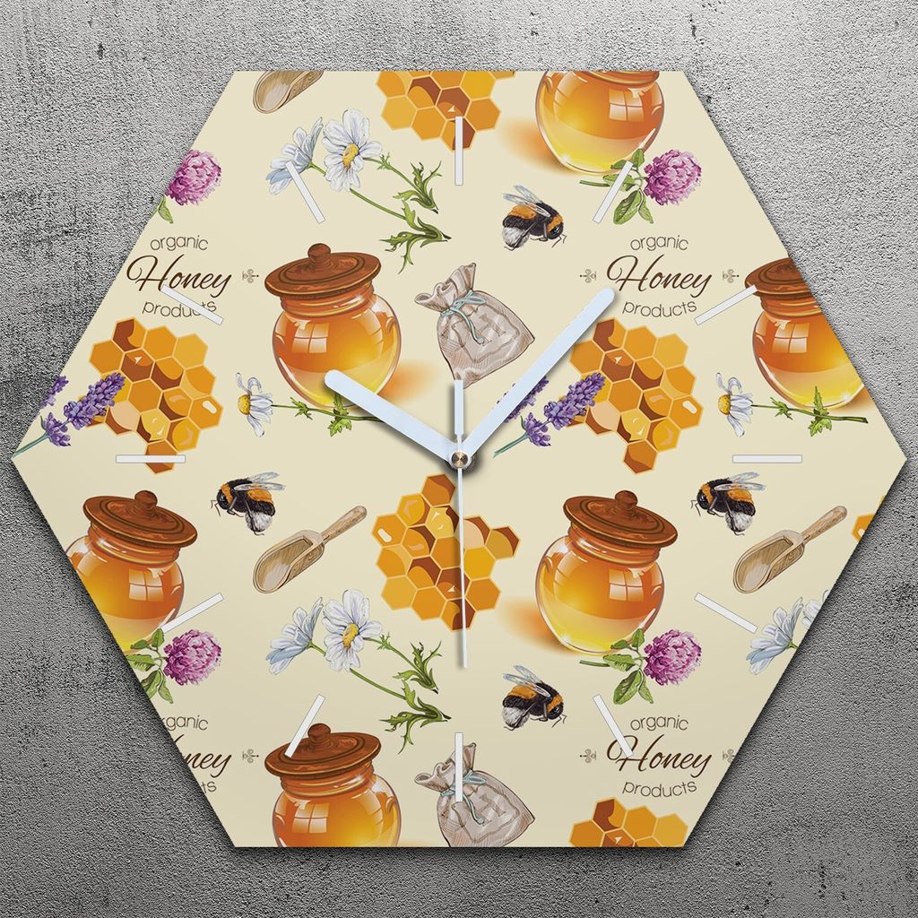Uhr hexagonal 40 cm Glas Geräuschlos weiße Zeiger - Honig Bienen Pflaster