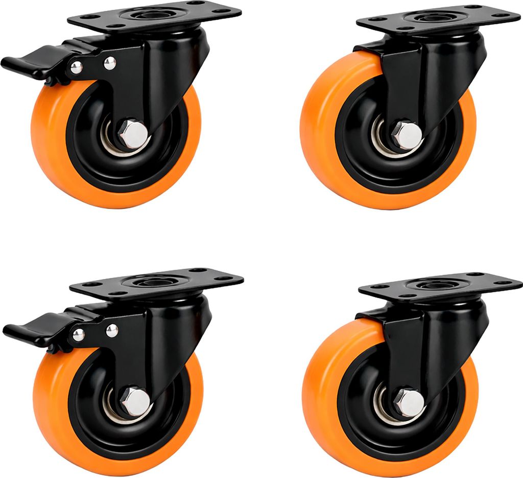 Relaxdays Lenkrollen, 4er Set, 50 mm, 400 kg, mit Bremse, Stahlplatte, Kunststoff, Schwerlastrollen, schwarz/orange