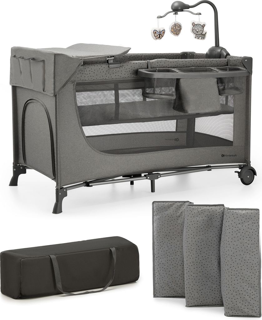 Kinderkraft JOY 2 3-in-1-Kinderbett mit Zubehör - Klappbar - Baby- und Reisebett - 2 Ebenen - Inklusive Mobile, Wickelauflage und Organizer - Grau