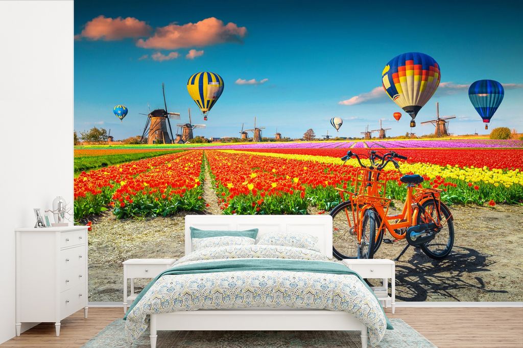 MuchoWow Fototapete für Wohnzimmer oder Schlafzimmer Wandtapete Vinyl Motivtapete Heißluftballon - Orange - Tulpen - 360x240 cm - Vinyl-Tapete