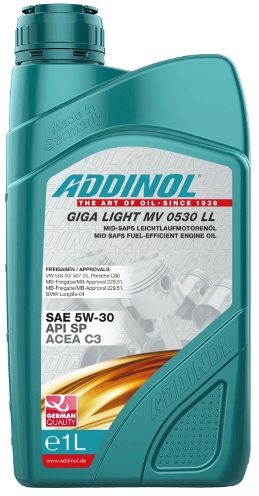 A bottle of ADDINOL GIGA LIGHT MV 0530 LL engine oil.