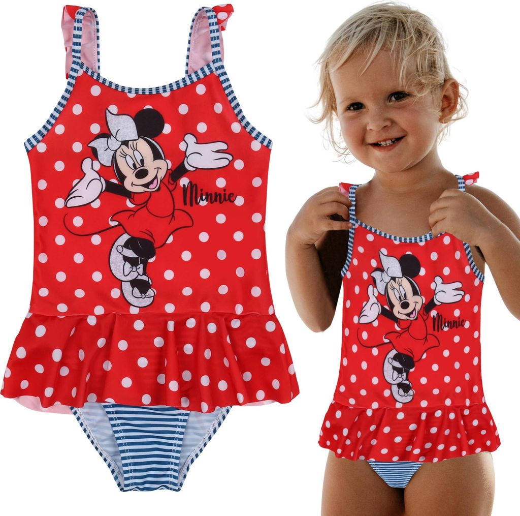 DISNEY Minnie Mouse EINTEILIGER Badeanzug mit Punkten für Mädchen FÜR SCHWIMMBAD, FÜR STRAND 104-110