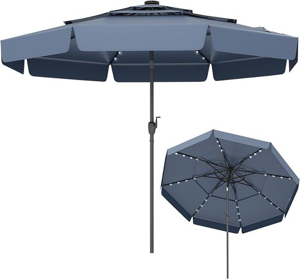 KOMFOTTEU Sonnenschirm Ø300 cm mit 32 LED-Lichtern, Gartenschirm 35°knickbar, Terrassenschirm mit Kurbel & Volant, Marktschirm für Garten, Terra...