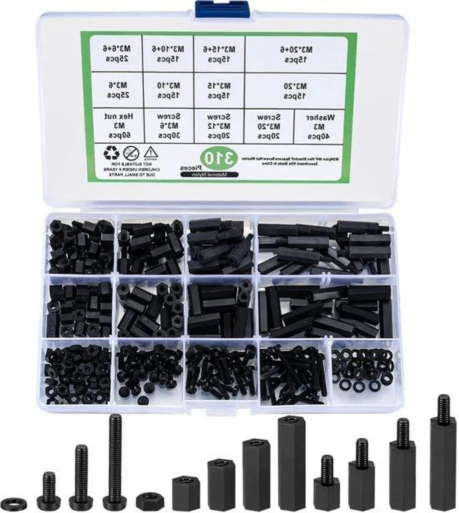 Kit de vis et écrous en nylon M3, 310 pièces, entretoises assorties