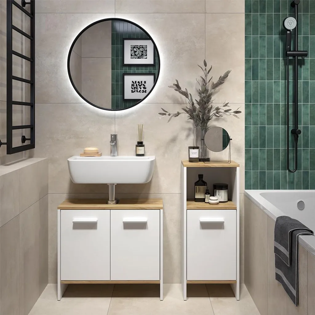 Vicco Set Mobili Bagno Karli 2 Pezzi Rovere Bianco e Oro Elegante