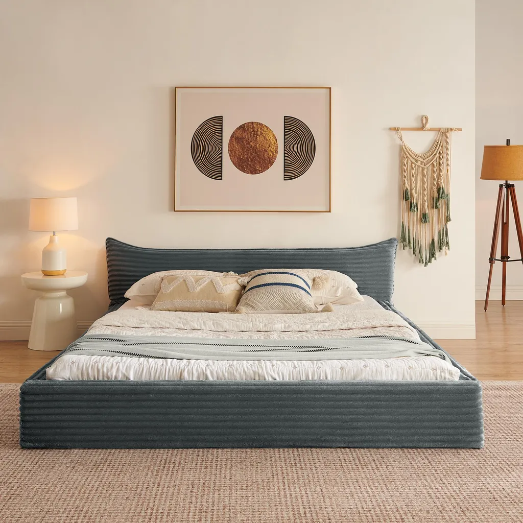 Lit Capitonné 160x200 Chenille Grise - Structure Stable Bois et Métal