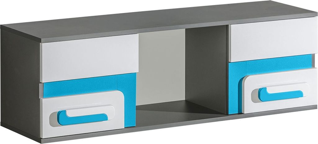 Jugendzimmer - Hängeregal / Wandregal Oskar 10, Farbe: Anthrazit / Weiß / Blau - 38 x 120 x 32 cm (H x B x T)