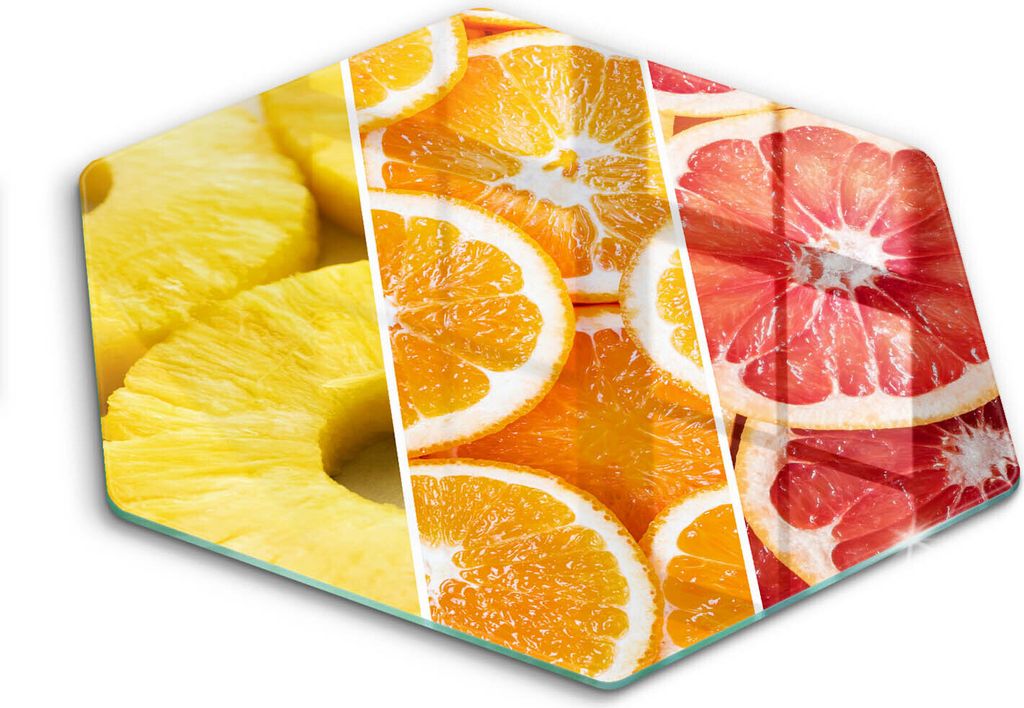 Glasschneideplatte - Herdabdeckplatte - Hexagon 40 cm -Schneidebrett - Spritzschutz - Farbenfrohe Früchte