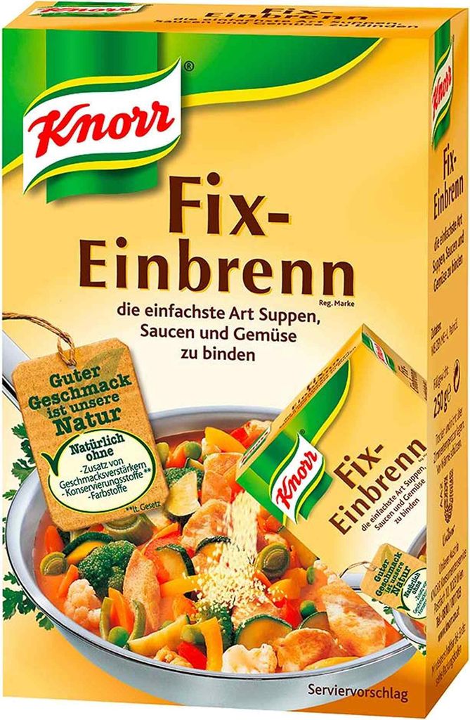 A product shot of Knorr Fix Einbrenn packaging with a bowl of food in the foreground.