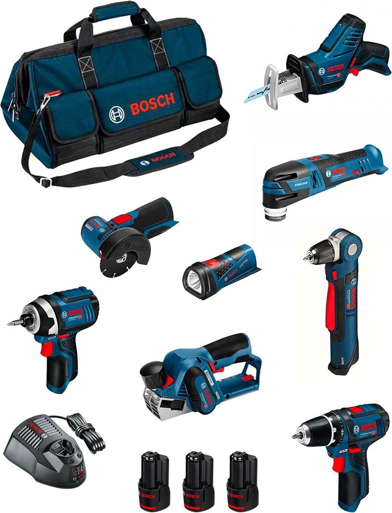 BOSCH Kit BMKB8-28ED3 (GSR12V-15+GDR12V-105+GWB12V-10+GWS12V-76+GOP12V-28+GSA12V-14+GLI12V-80+GHO12V-20+3x2,0Ah+GAL1230CV+HDBAG)