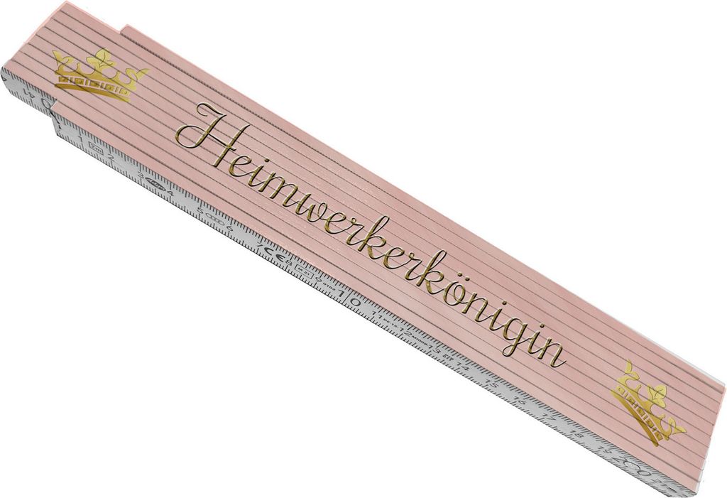 Bedruckter Meterstab aus Holz mit Spruch Heimwerkerkönigin und Krone