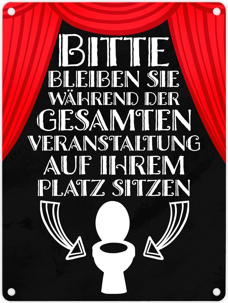 Bitte sitzen bleiben Toiletten Metallschild in 15x20 cm mit rotem Vorhang