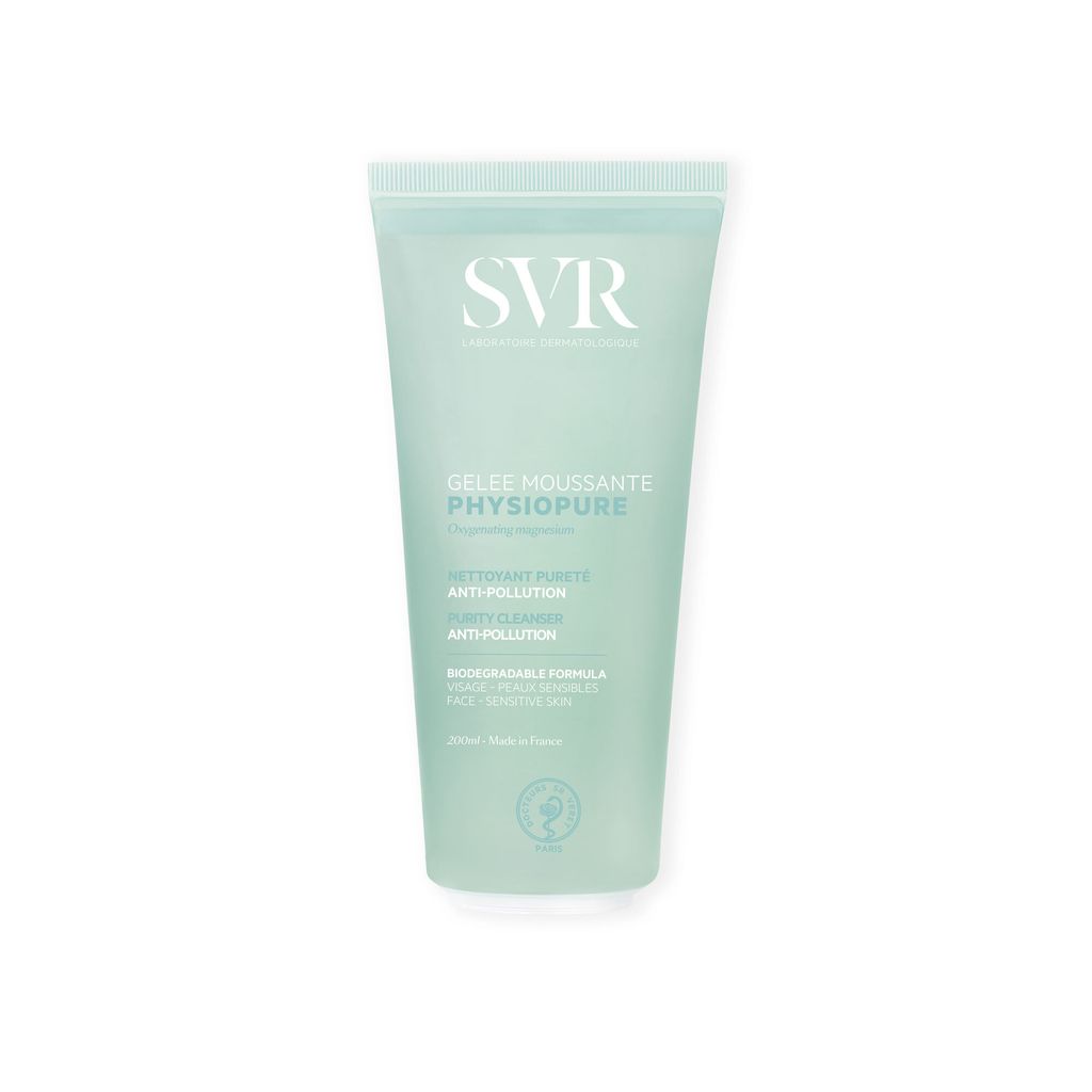 A product shot of a green and white squeeze bottle of SVR Physiopure cleansing gel.