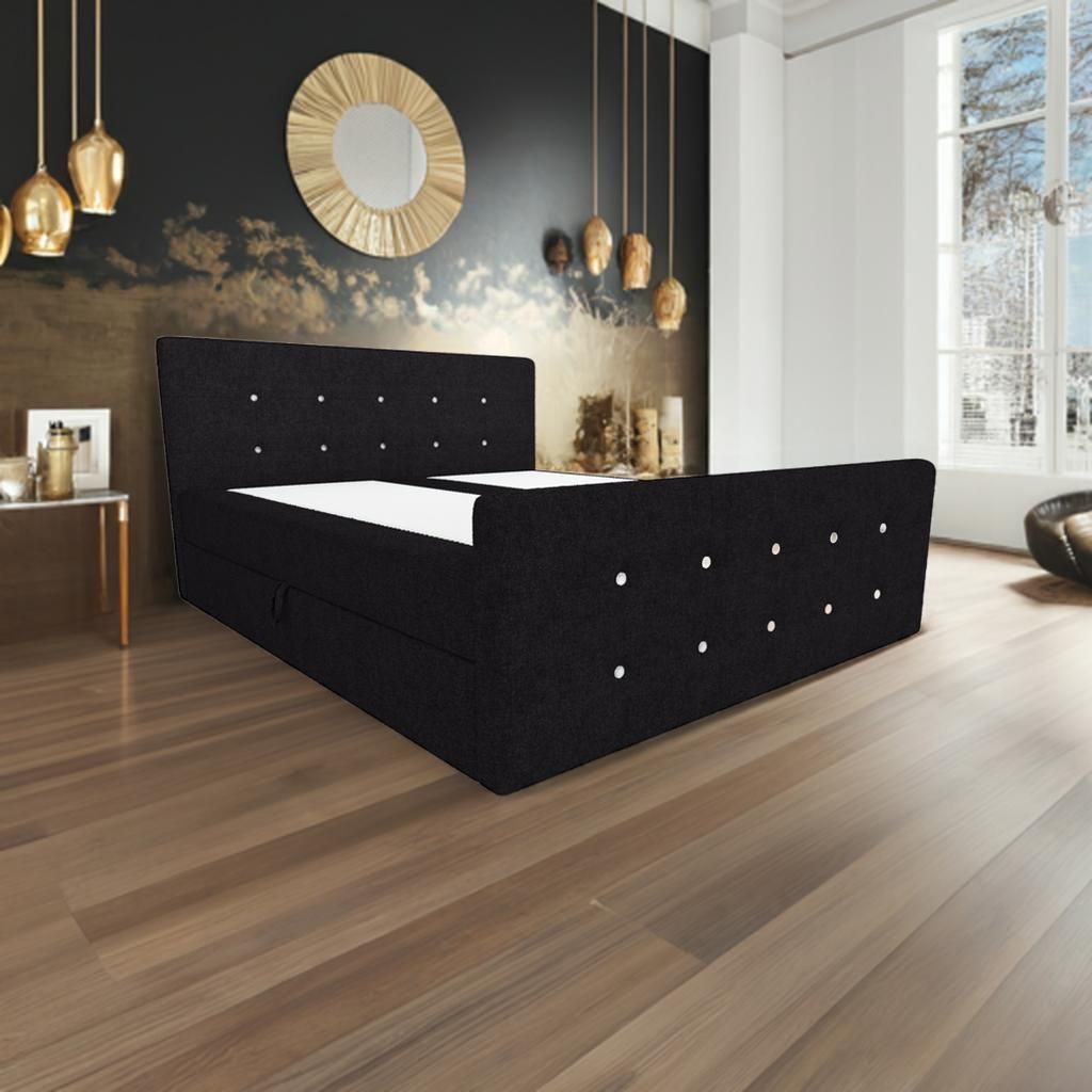 Luxus Boxspringbett Château – Schwarz, 180x200 cm, mit Bonellfederkernmatratze, gepolstert