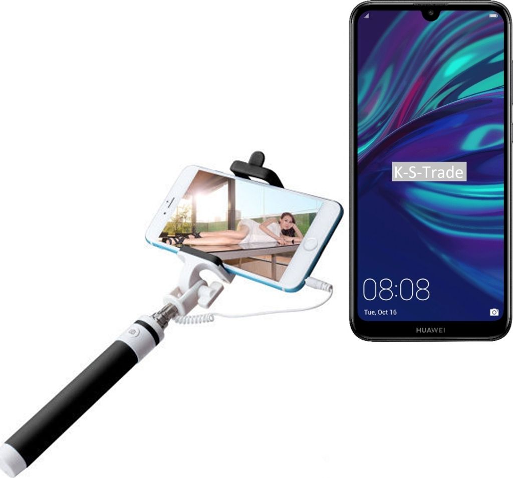 K-S-Trade Selfie Stick kompatibel mit Huawei Y7 (2019) Selfiestick kabelgebunden Monopod mit Kabel Stab Stange Selfportrait Handheldstick schwarz 1x