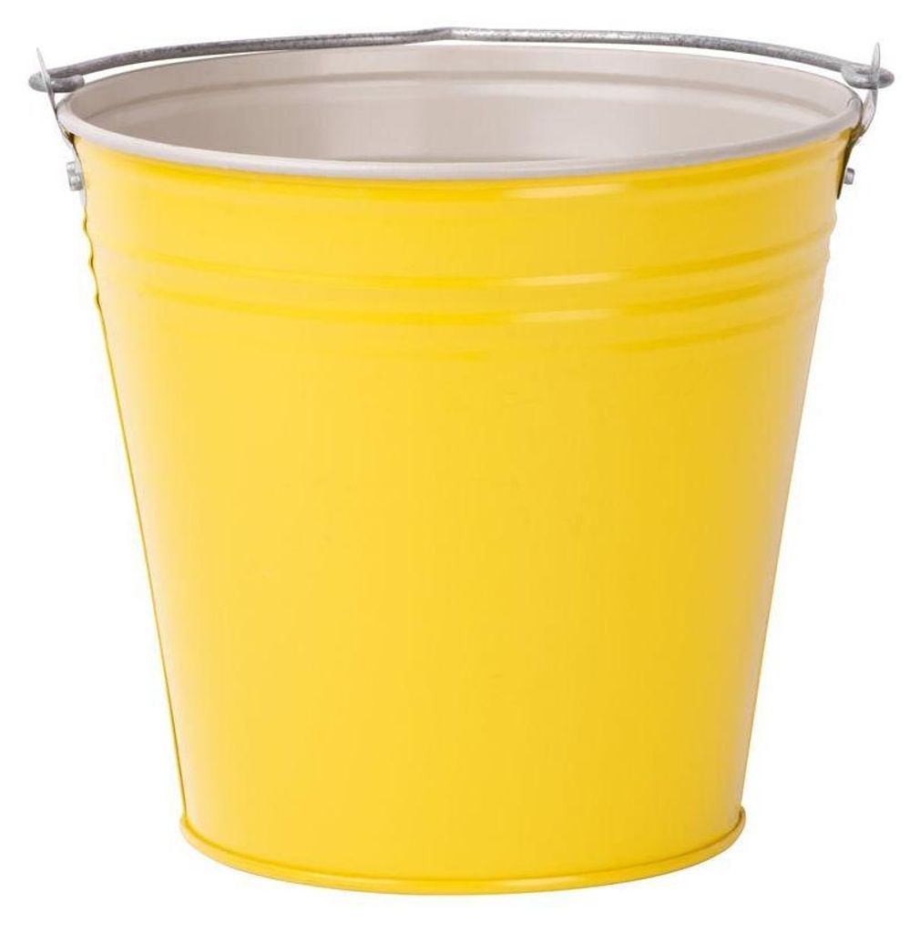 A yellow metal bucket with a silver handle is shown against a white background.