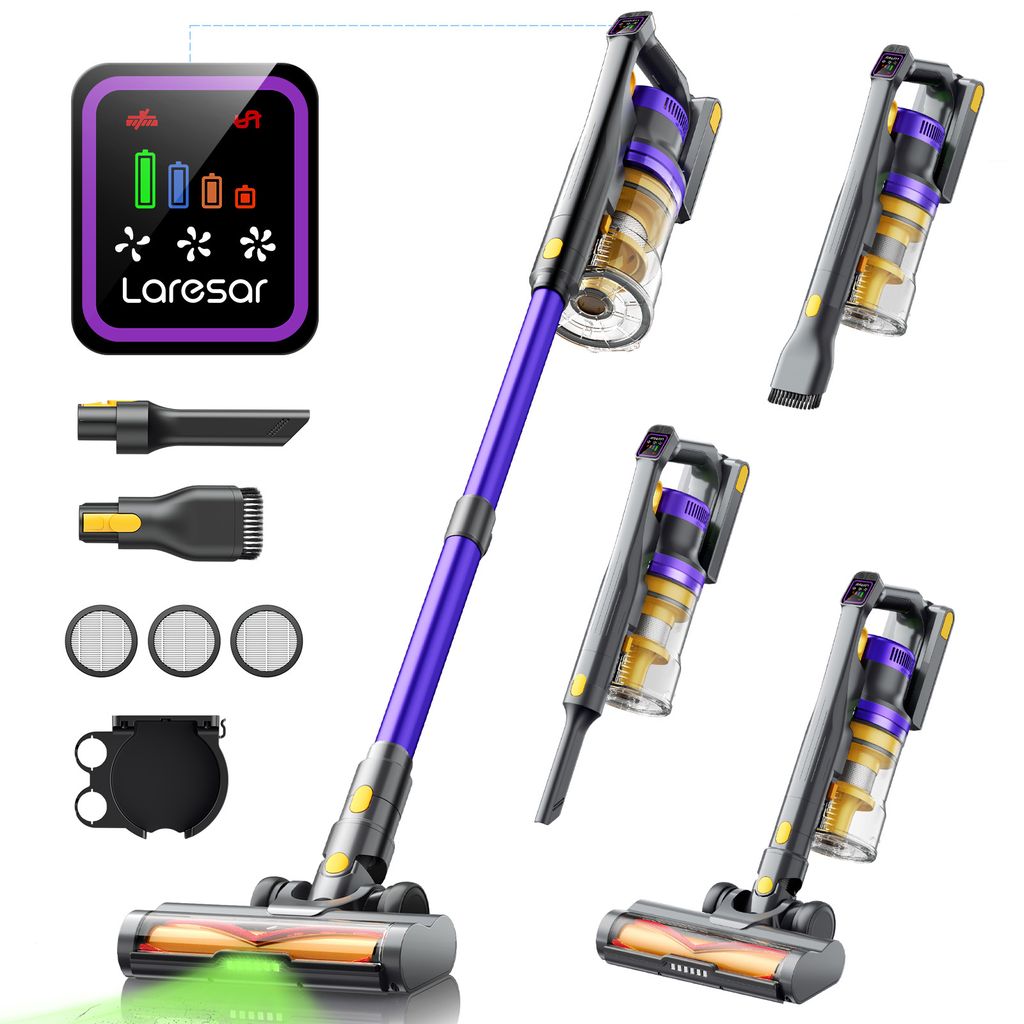 A collage of a cordless vacuum cleaner and its accessories, with a digital display showing battery status and fan speed.
