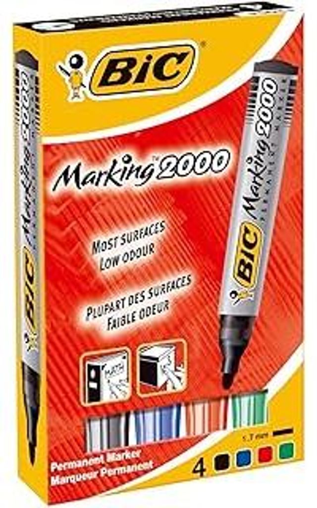 BIC Marking 2000 Permanent Marker, in 4 Farben, Wasserfester Stift für Metall, Holz & Co, Strichstärke 1,7 mm