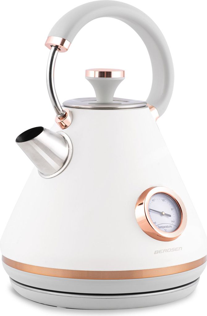 A white electric kettle with a thermometer and rose gold accents is shown against a white background.