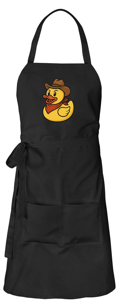 Huuraa Schürze Quietscheente Cowboy Gummiente Wilder Westen Schwarz mit Taschen Baumwolle Kochschürze Geschenkidee
