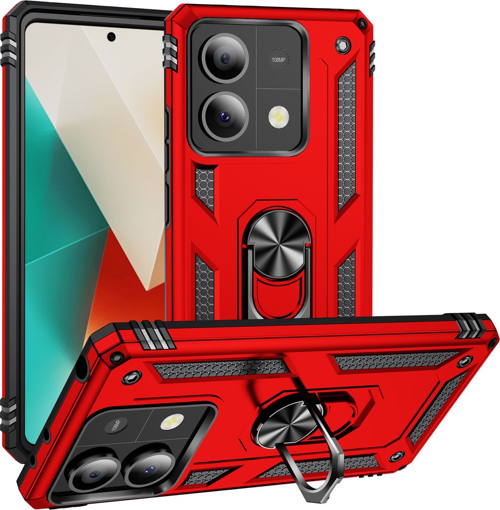Schutzhülle für Xiaomi Redmi Note 13 5G Dual Layer Robust Militäre Fallschutz Hülle mit Ringhalterung Ständer Rot