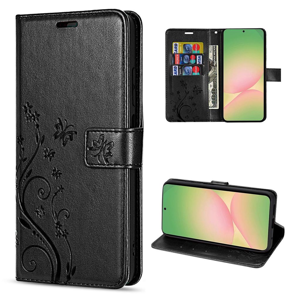 A collage of images showing a black flip wallet case for a Samsung Galaxy A56 phone, with different views and angles.