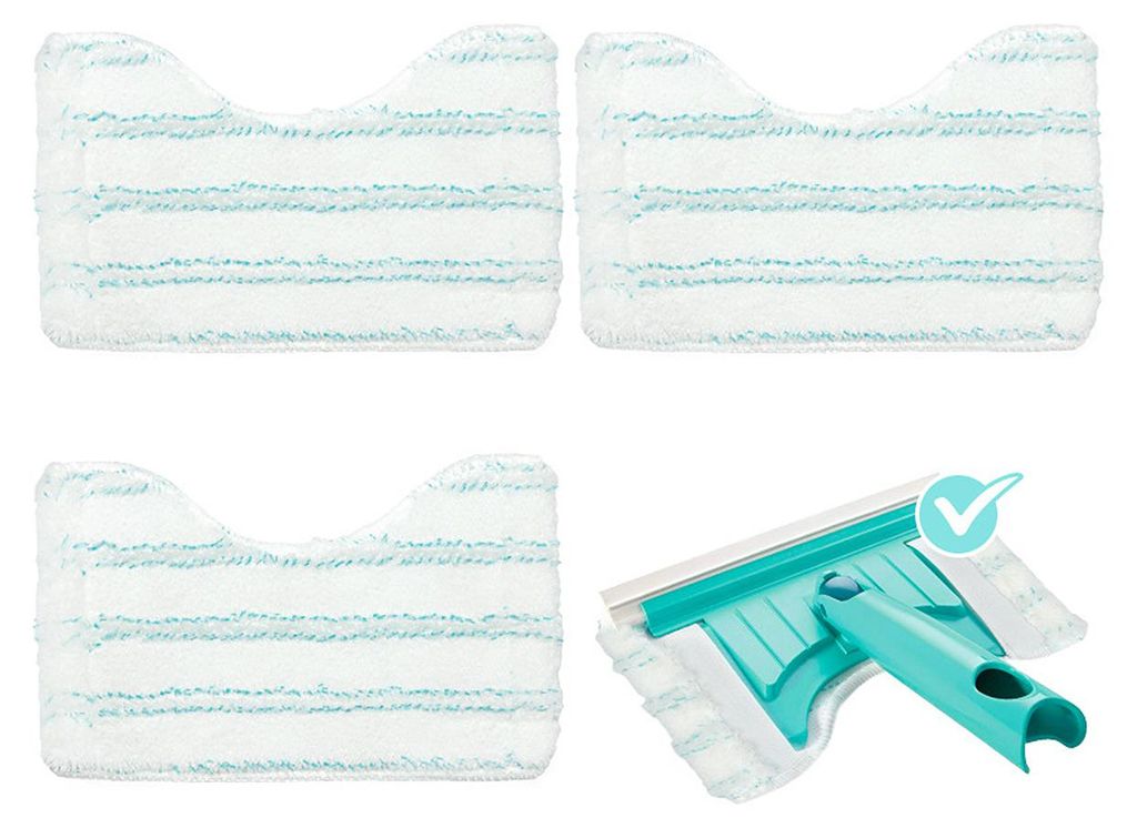 Four mop pads and a squeegee tool are arranged on a white background.