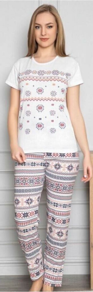 Damen Pyjama Schlafanzug Weiß M Kurz 2-Teiler Set E-62
