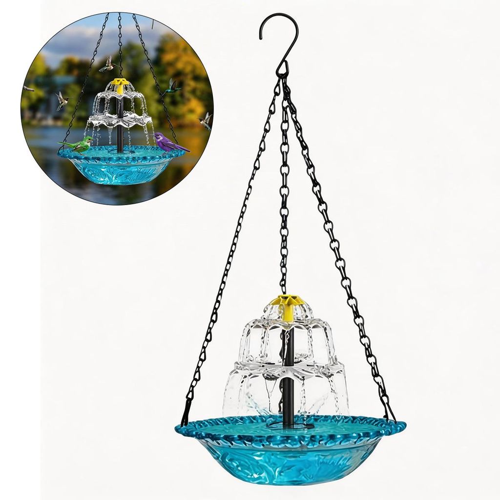 Hängendes Vogelbad mit Solarspringbrunnen – 3-stufiges Design, Vogeltränke mit Wasserlauf und Metallkette, für Garten, Hof und Terrasse geeignet