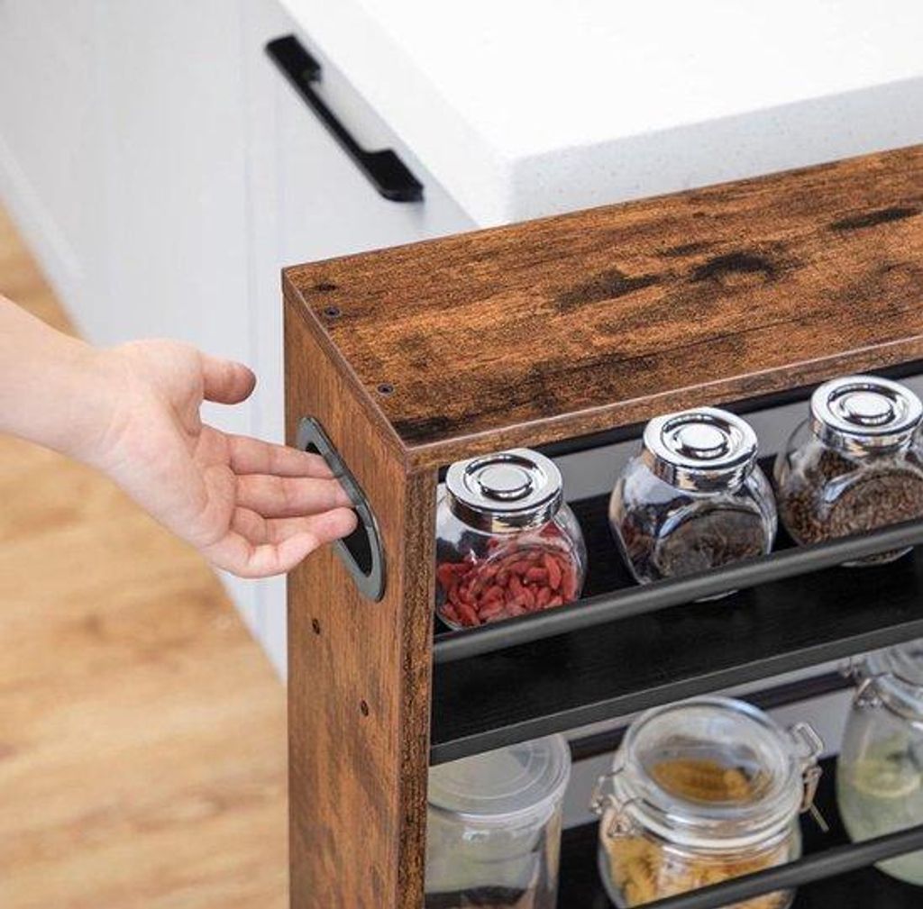 Keukenrek, 45 x 15 x 80 cm, 4 niveaus, 360° drehbare Räder, donkerbraun, industriel, stabiles Design