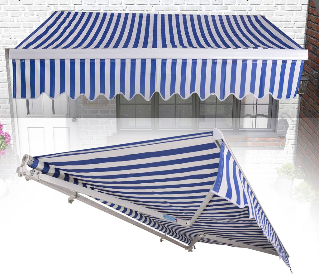 TolleTour Gelenkarmmarkise 350x300cm einziehbare Markise Balkonmarkise Gelenkarm Sonnenschutz Blau Weiß