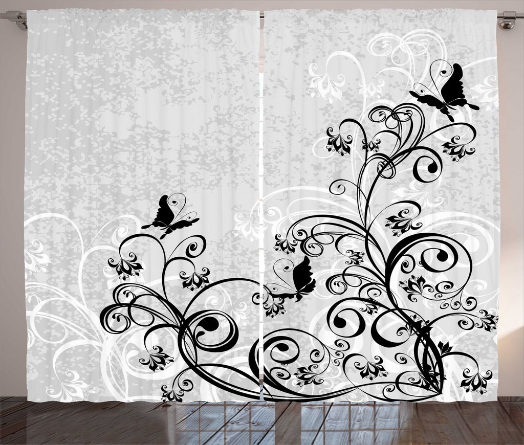 ABAKUHAUS Schwarz und Grau Rustikaler Gardine, Mit Blumen und Grunge, Schlafzimmer Kräuselband Vorhang mit Schlaufen und Haken, 280 x 245 cm, Char...