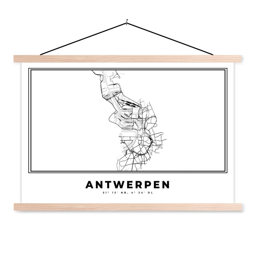 MuchoWow Textilposter Karte - Antwerpen - Schwarz und weiß - Stadtplan - Belgien 120x80 cm mit holzfarbenen Rahmen - Aufhängeset