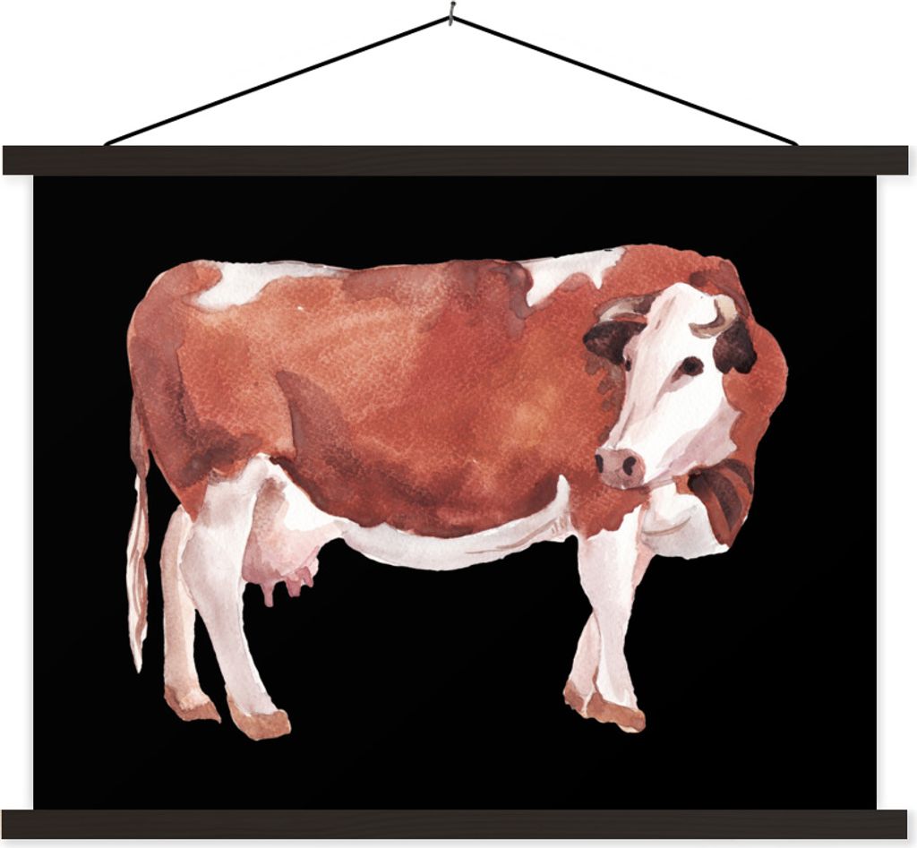 MuchoWow Textilposter Kuh - Zeichnung - Schwarz 150x113 cm mit schwarzem Rahmen - Wohnzimmer