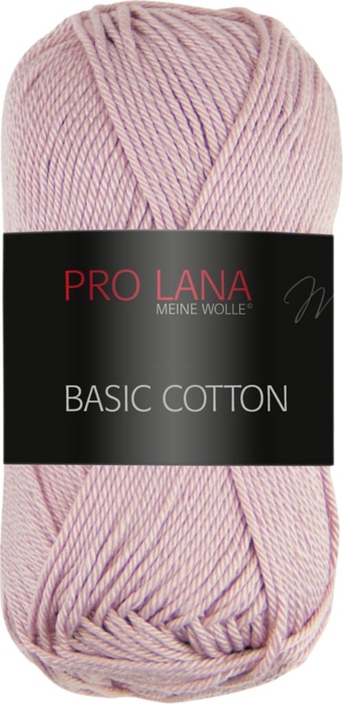 A ball of light pink yarn with a black label.