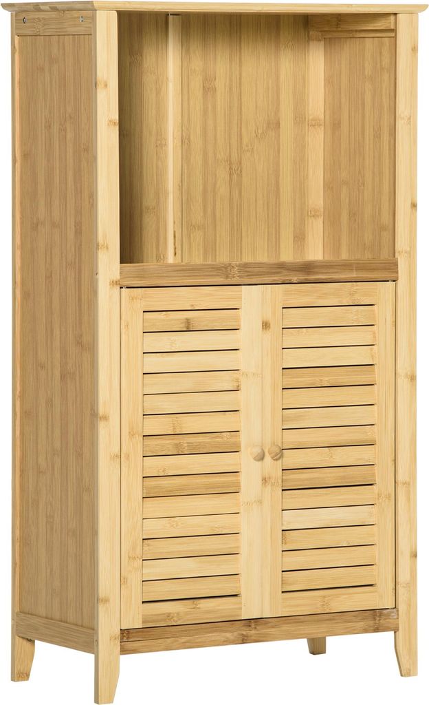 Badezimmerschrank Badschrank Standregal mit 2 Lamellentüren, offenem Regal, Bambus, Aufbewahrungsschrank Schrank für Badezimmer, Wohnzimmer 50 x ...