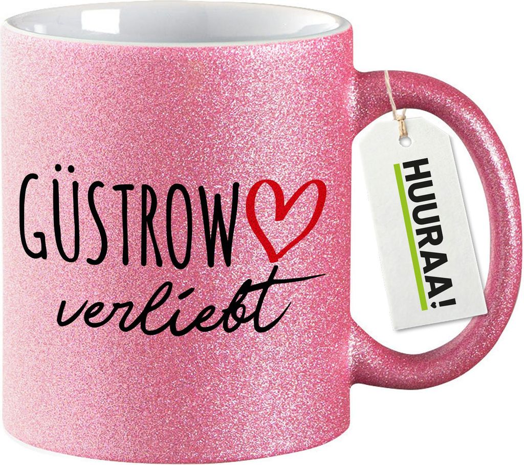 Huuraa Glitzertasse Güstrow verliebt 330ml Pink Keramik Kaffeebecher Geschenkidee