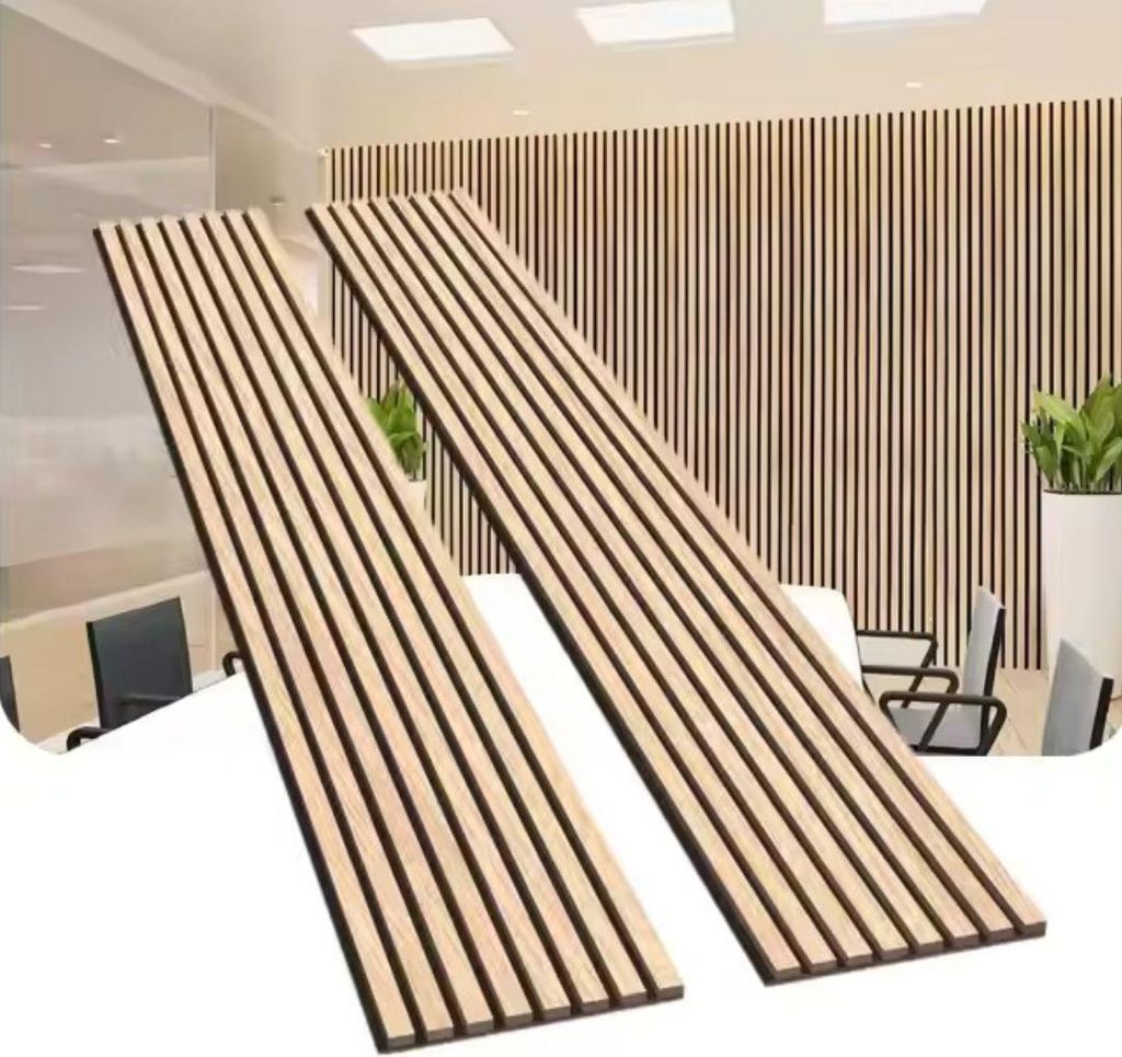 2er-Set Akustik Wandpaneele Holz 240x60x2,2cm - Weiße Eiche mit schwarzem Hintergrund