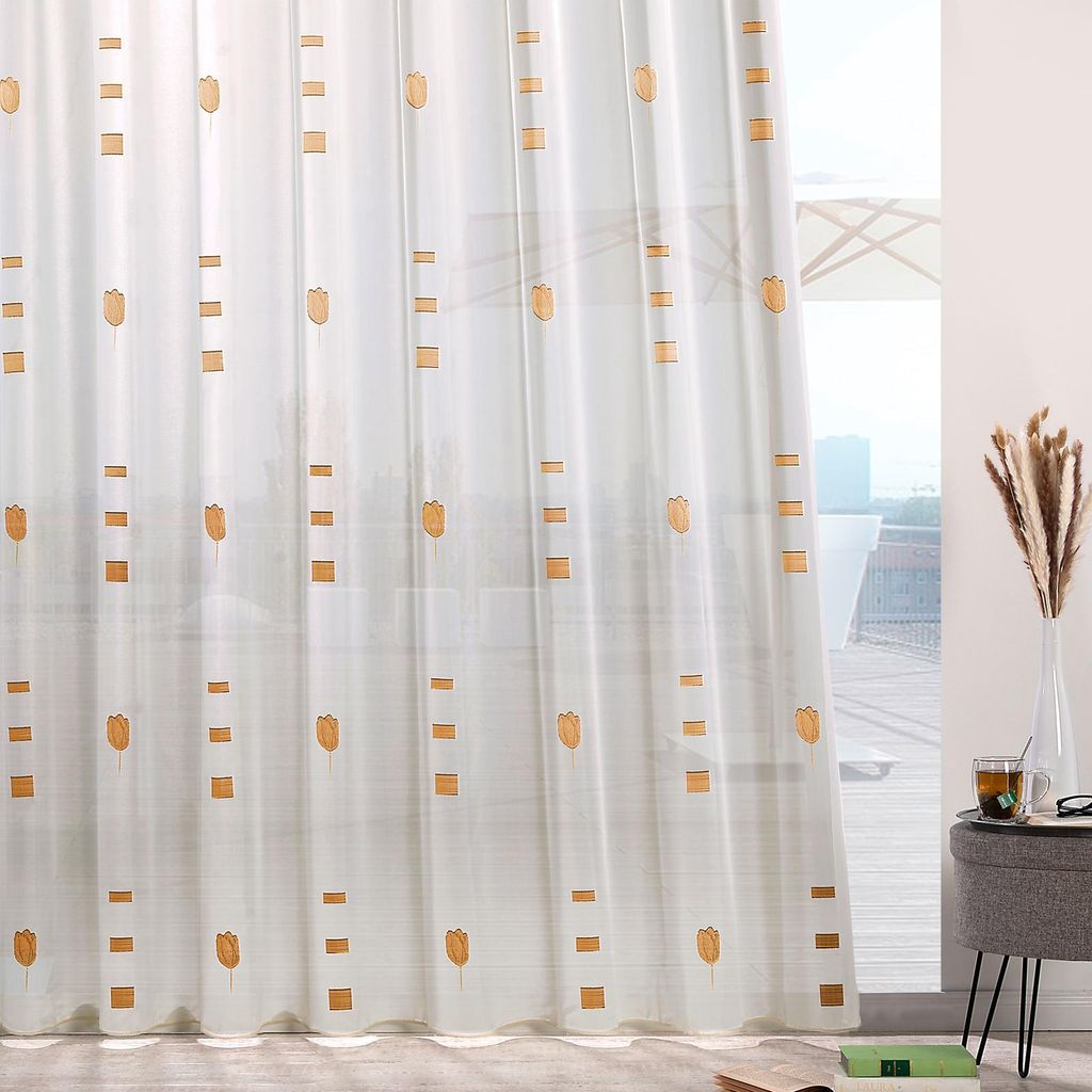 heimtexland Gardinen Store Web Scherli Smokband Vorhang halbtransparent Bleiband Webstore Fertiggardine Tulpe natur Typ874 Terra HxB 245x375 cm