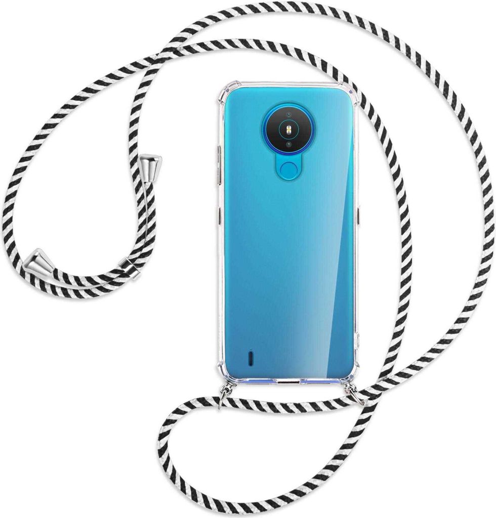 Handykette Backcover-Schutzhülle mit Band (Metall silberfarben) für Nokia 1.4 - schwarz/weiß gestreift