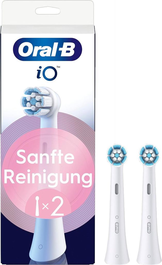A product package for Oral-B iO toothbrush heads, showing the packaging and two individual brush heads.