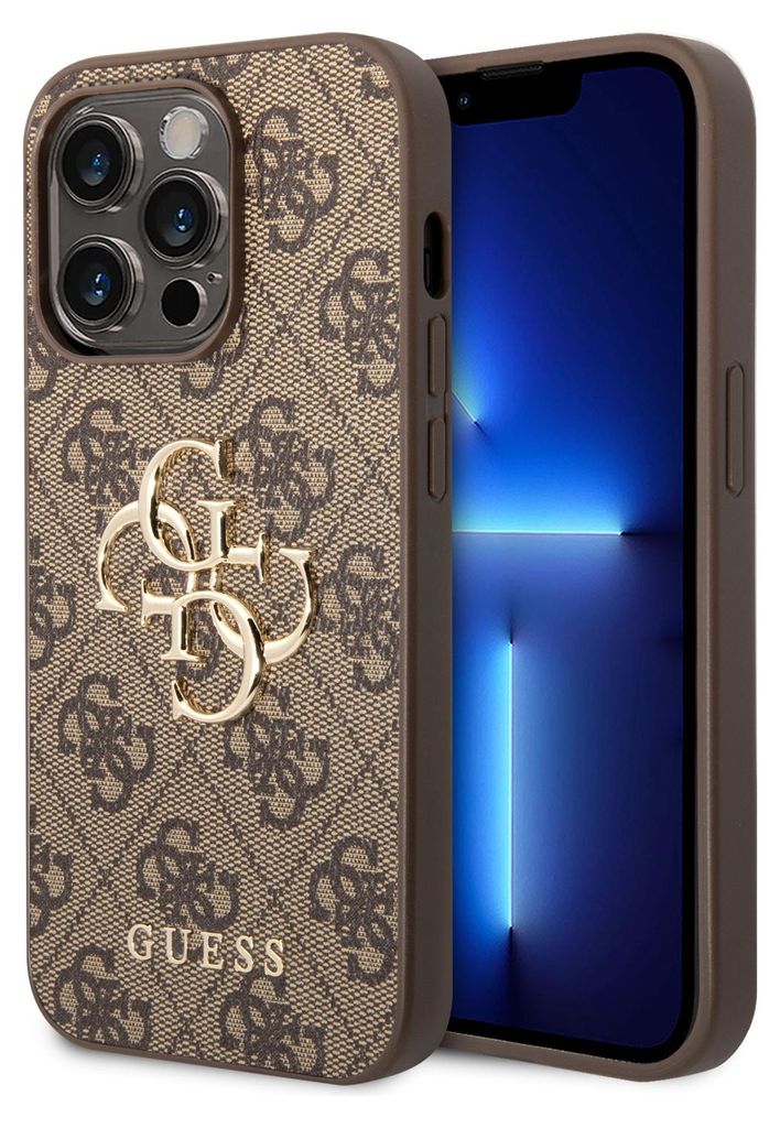 A close-up shot of a phone case with a repeating logo pattern and a gold Guess logo emblem.